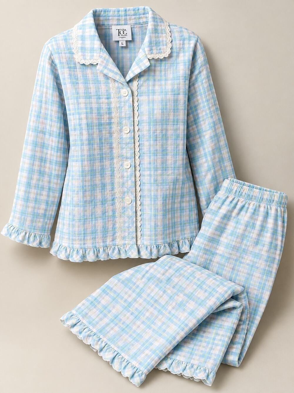 The Tog Shop Petites 2-Piece Pajama Set Blue Plaid Seersucker Lace Ruffle PS New